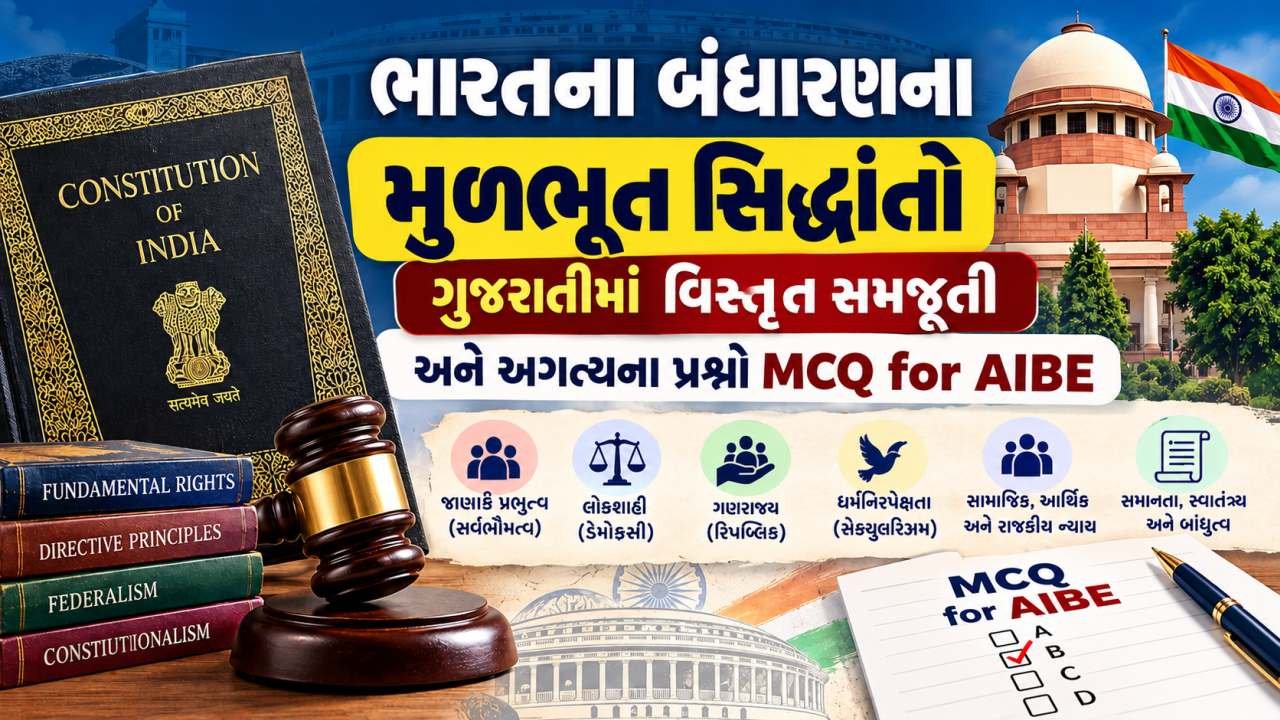 ભારતના બંધારણના મૂળભૂત સિદ્ધાંતો - ગુજરાતીમાં વિસ્તૃત સમજૂતી અને અગત્યના પ્રશ્નો MCQ